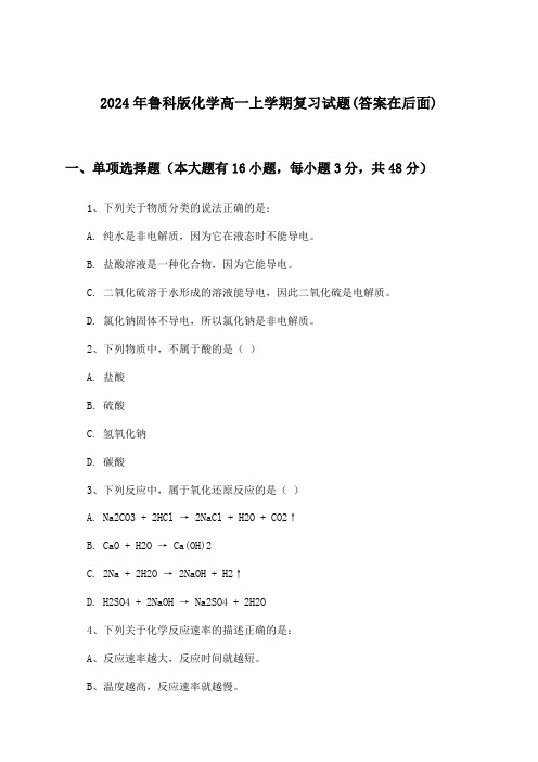 2024年鲁科版高一上学期化学试题与参考答案