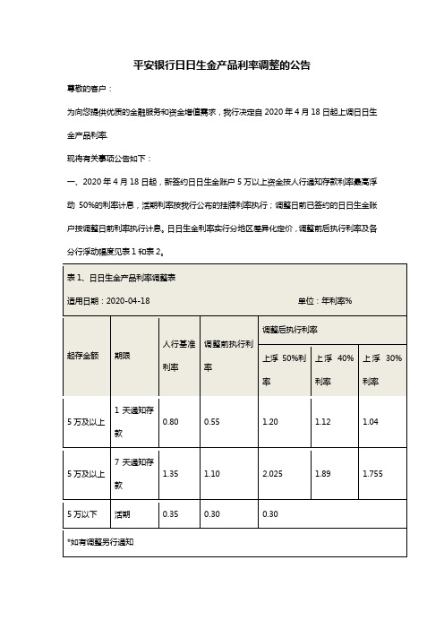 关于平安银行日日生金产品利率调整的公告