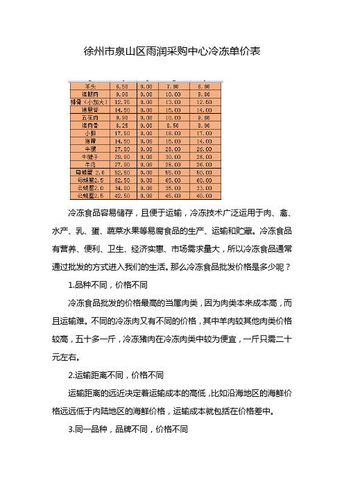 徐州市泉山区雨润采购中心冷冻单价表