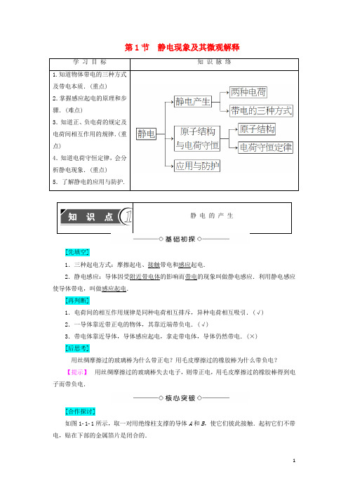 高中物理 第1章 静电场 第1节 静电现象及其微观解释学案 鲁科版选修31