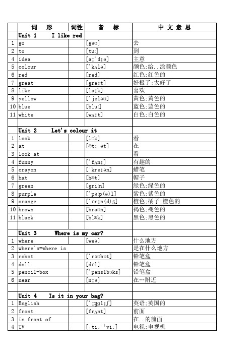 广州版小学三年级英语下册单词带音标