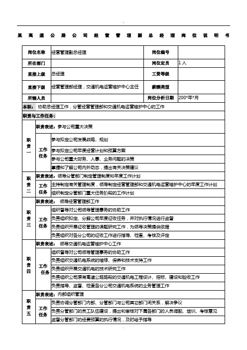 某高速公路公司经营管理副总经理岗位说明书