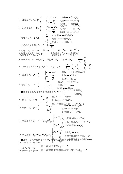 初中物理公式及单位换算