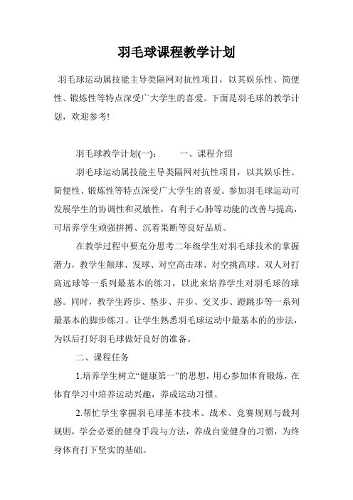 羽毛球课程教学计划