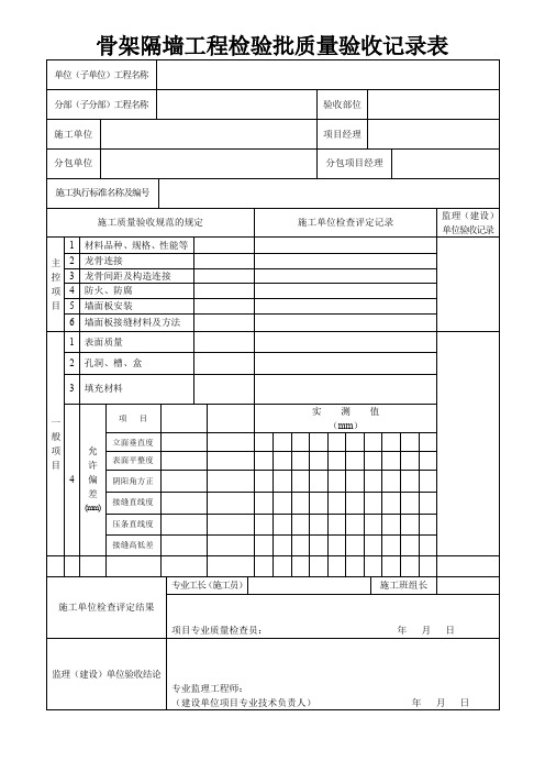 骨架隔墙工程检验批质量验收记录表