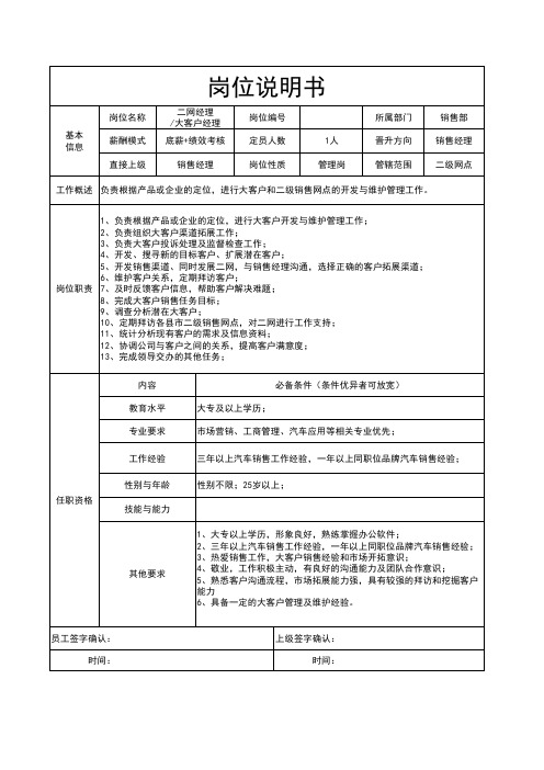 4S店二网经理大客户经理岗位职责说明书