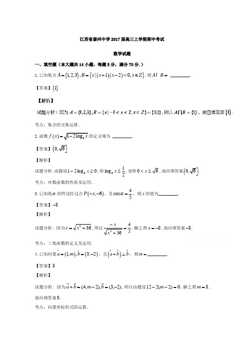 江苏省泰州中学2017届高三上学期期中考试数学试题Word版含解析