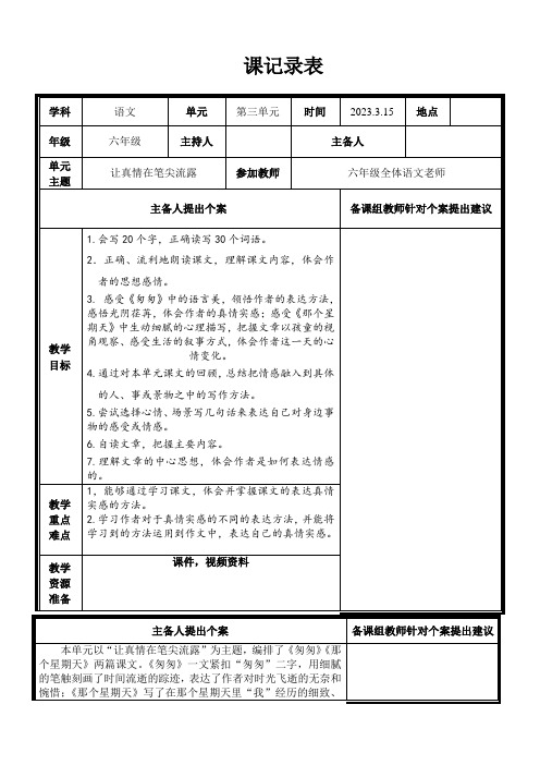 小学六年级语文下册第三单元集体备课记录表