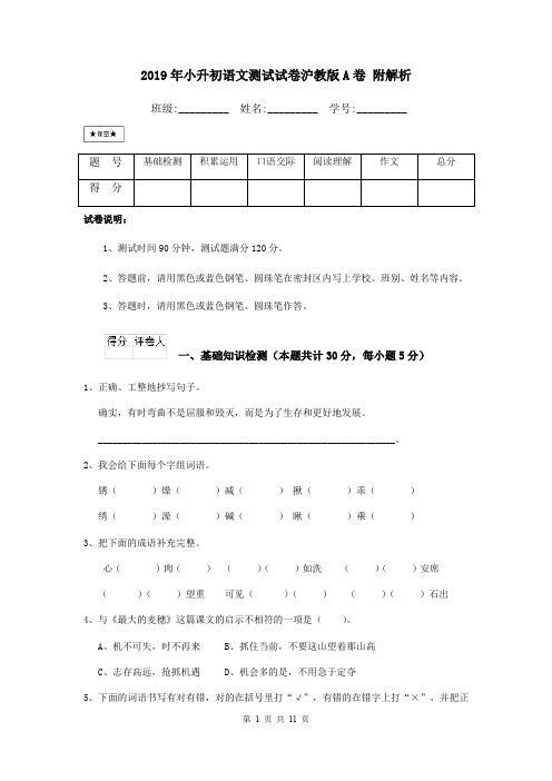 2019年小升初语文测试试卷沪教版A卷 附解析