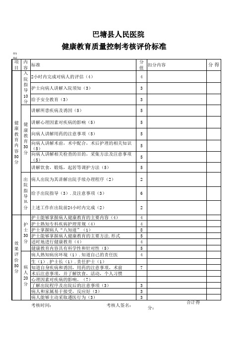 健康教育质量控制考核评价标准