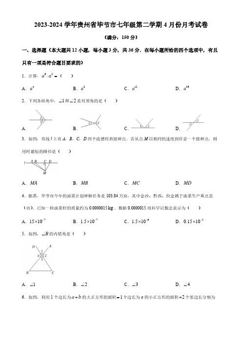 2023-2024学年贵州省毕节市七年级第二学期4月份月考数学试卷及参考答案