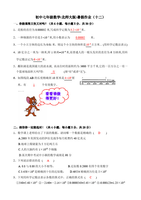 北师大版七年级数学暑假作业(十二)含答案