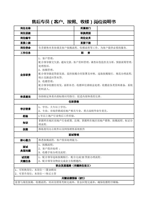 售后专员(客户、按揭、收楼)岗位说明书