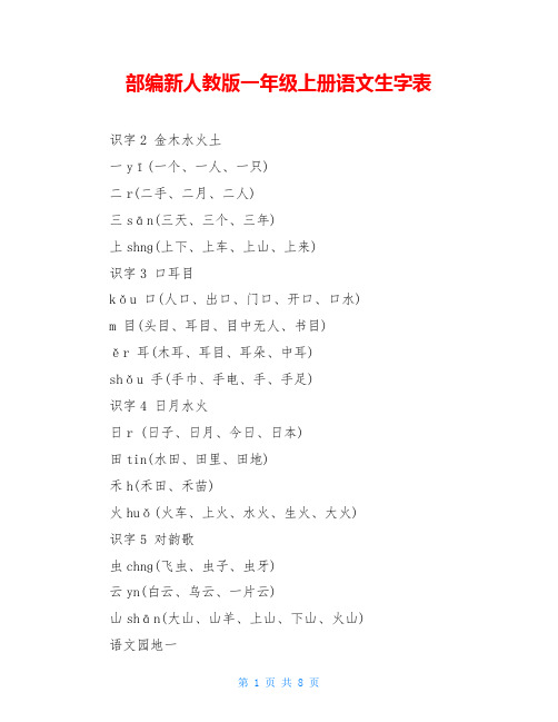 部编新人教版一年级上册语文生字表