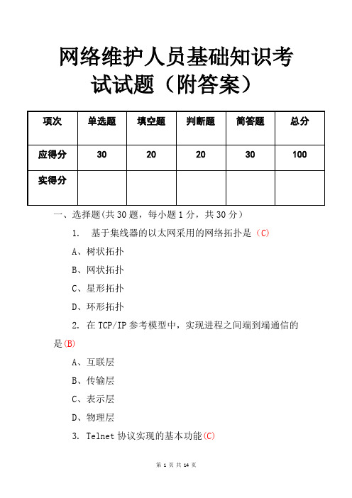 网络维护人员基础知识考试试题(附答案)