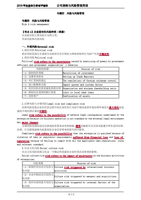 CPA 注册会计师 公司战略与风险管理     专题四 风险与风险管理