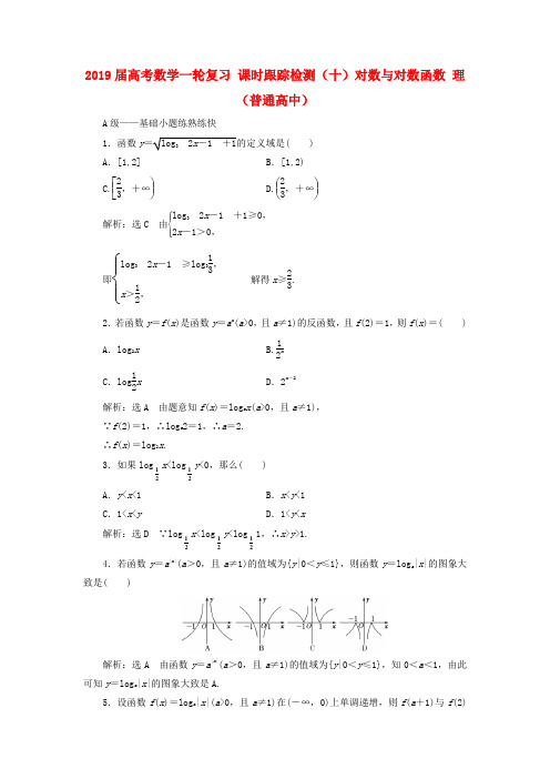 2019届高考数学一轮复习 课时跟踪检测(十)对数与对数函数 理(普通高中).doc