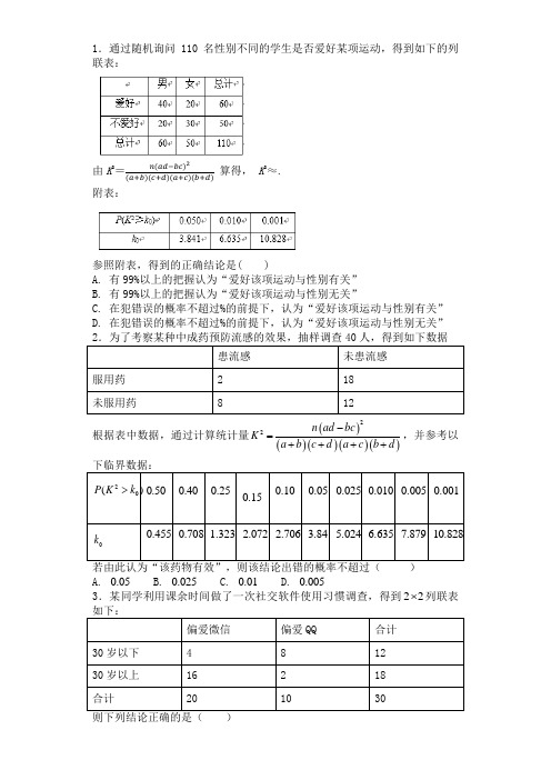 独立性检验的基本思想及其初步应用习题