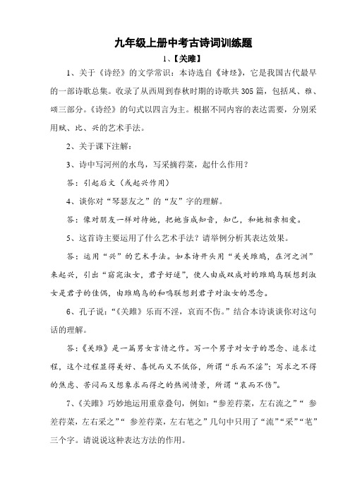 河大版九年级上册中考古诗词训练题选