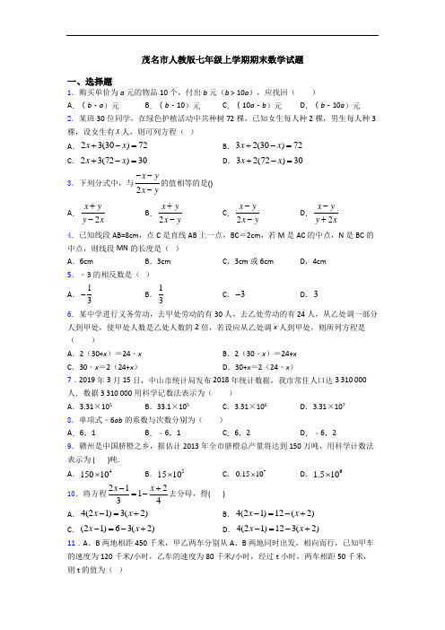 茂名市人教版七年级上学期期末数学试题