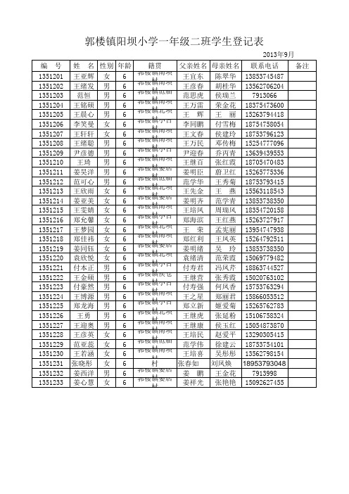 一年级二班学生登记表