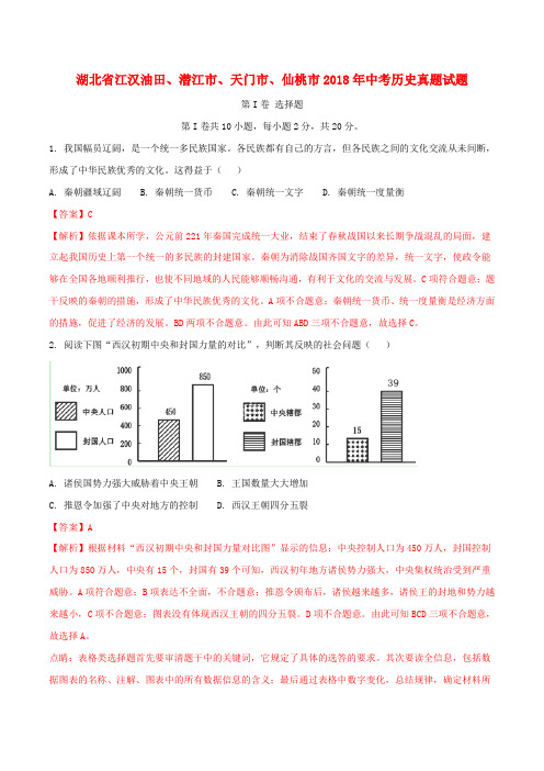 湖北省江汉油田、潜江市、天门市、仙桃市2018年中考历史真题试题(含解析)