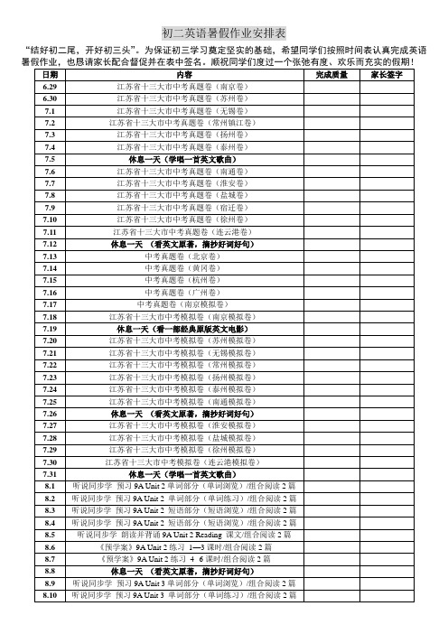 初二英语暑假作业安排表
