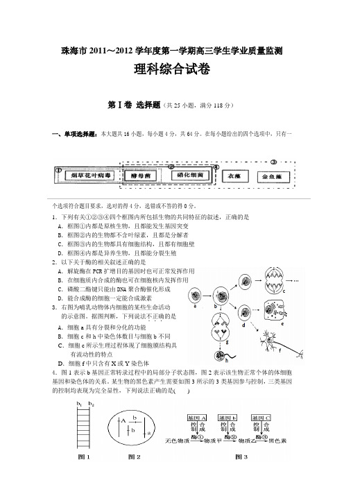 珠海一模 理综试题