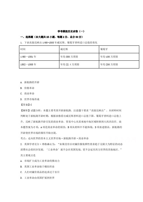 浙江省安吉县上墅私立高级中学2017-2018学年高一下学期第一次学考模拟考试历史试题 含解析 精品