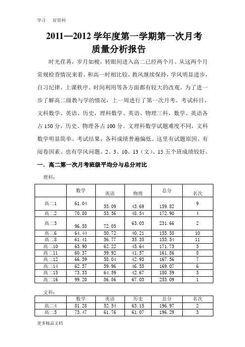 高二第一次月考班质量分析汇编