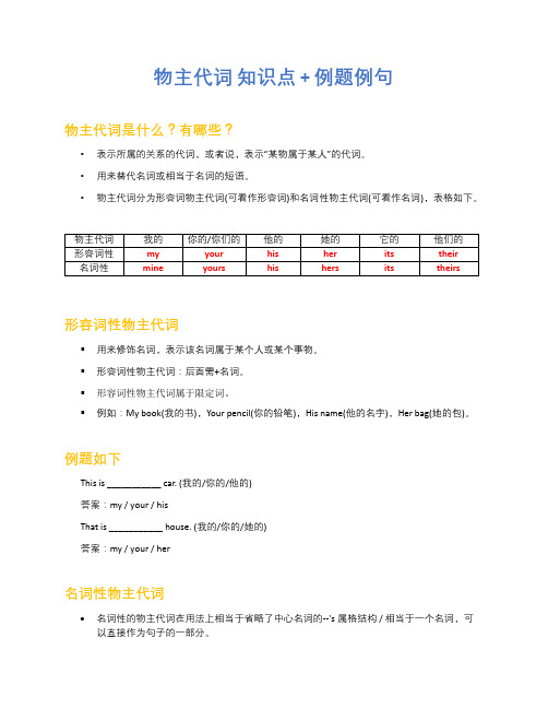 物主代词 知识点 + 例题例句