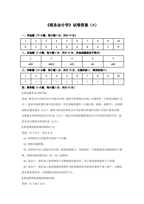 《税务会计学》试卷答案(A)