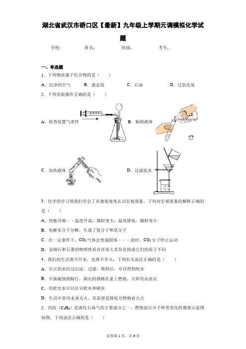 湖北省武汉市硚口区2020-2021学年九年级上学期元调模拟化学试题 答案和解析