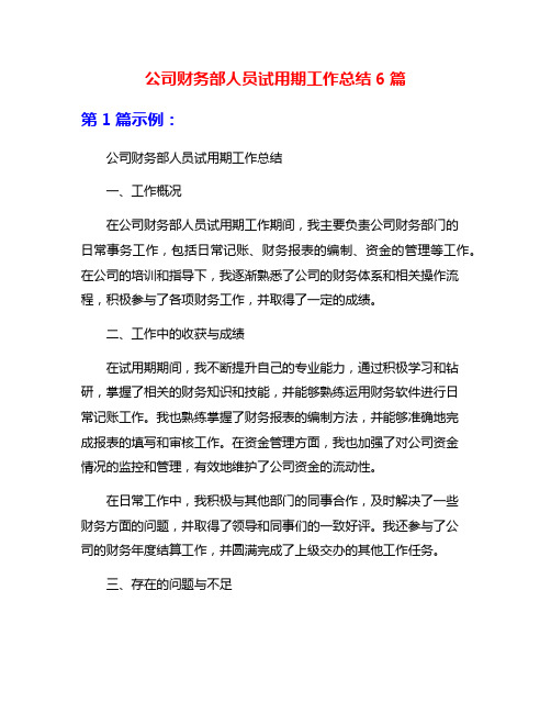 公司财务部人员试用期工作总结6篇