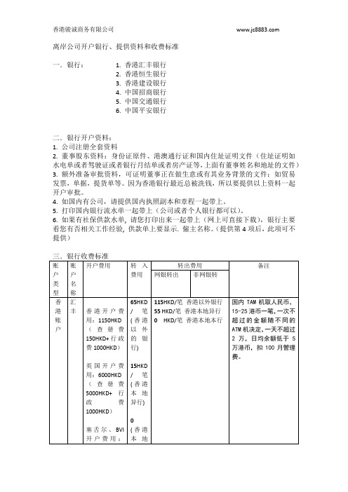 香港离岸公司开户银行、资料和收费标准