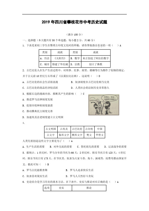 【历史】2019年四川省攀枝花市中考试题(word版,有答案)