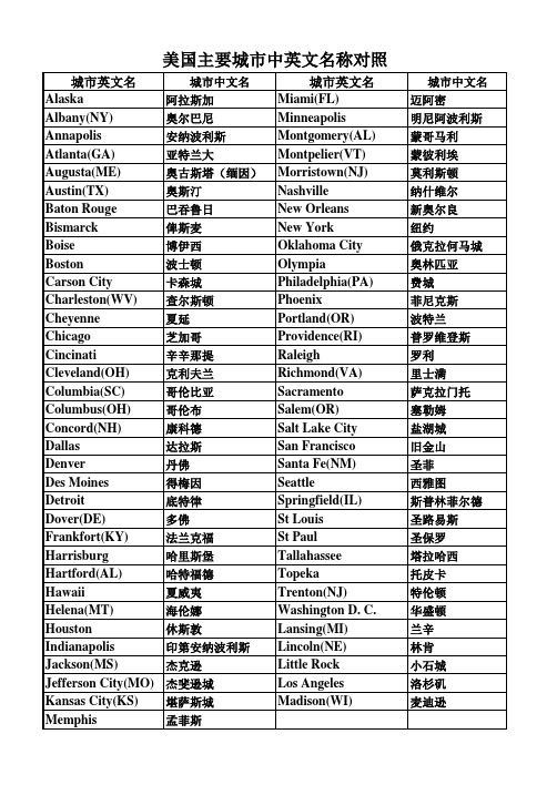 美国主要城市中英文对照