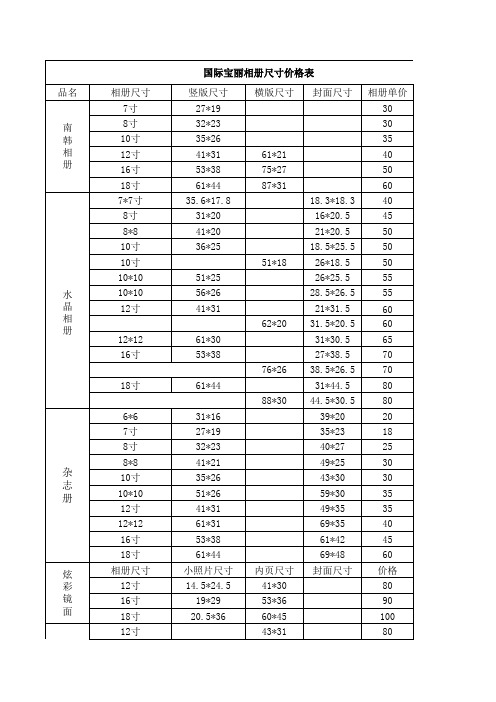 国际相册新尺寸及价格表