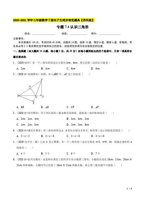 专题7.4认识三角形-2020-2021学年七年级数学下册尖子生同步培优题典(原卷版)【苏科版】