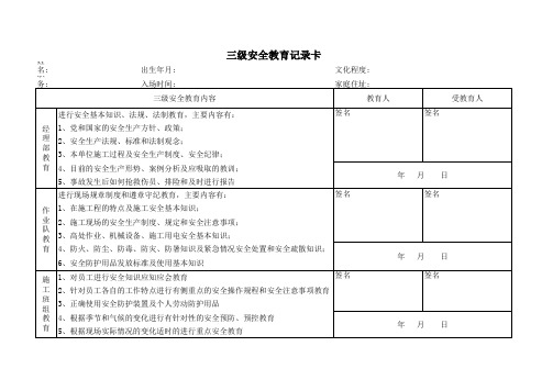 队部职工学习档案卡和三级安全教育