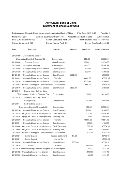 签证用农行金穗借记卡对账单英语翻译