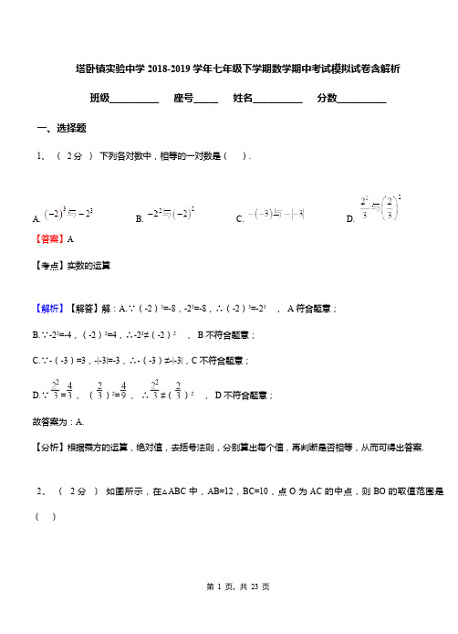 塔卧镇实验中学2018-2019学年七年级下学期数学期中考试模拟试卷含解析