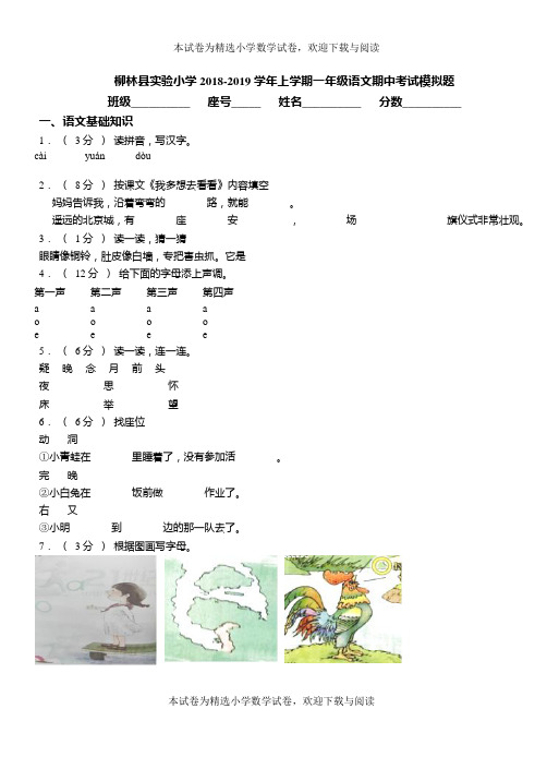 柳林县实验小学2018-2019学年上学期一年级语文期中考试模拟题