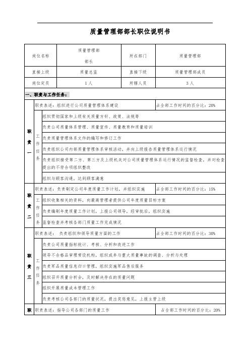 质量管理部-部长职位说明书