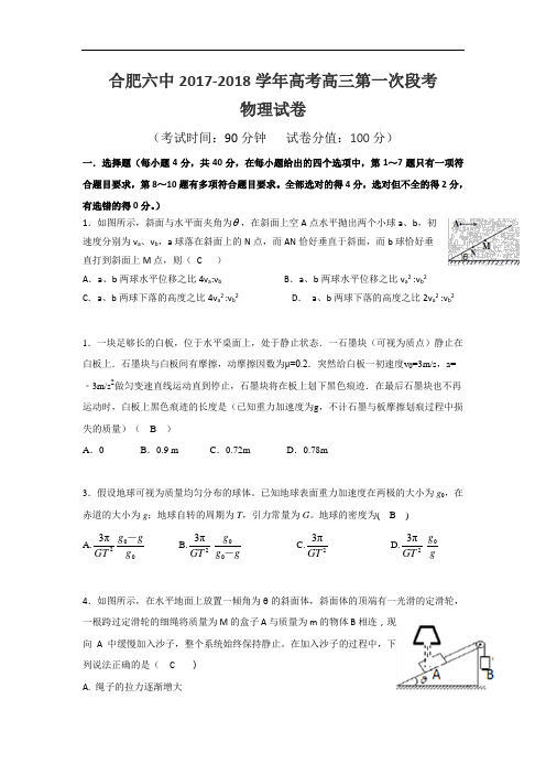 2018届安徽省合肥市第六中学高三上学期第一次月考试物理试题