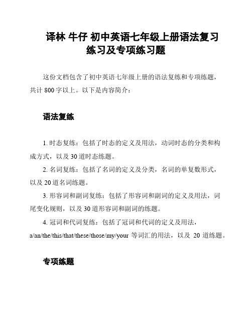 译林 牛仔 初中英语七年级上册语法复习练习及专项练习题