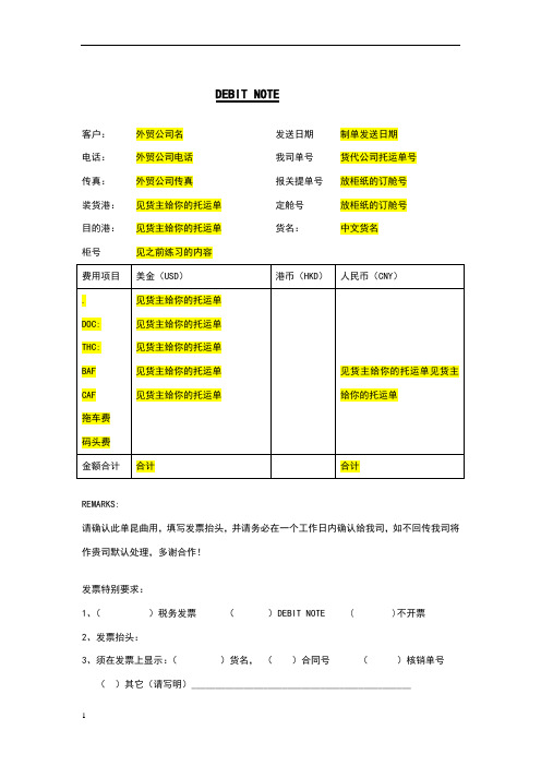 DEBIT NOTE填制说明