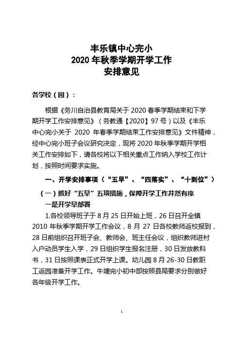 丰乐镇中心完小2020年秋开学工作的安排意见