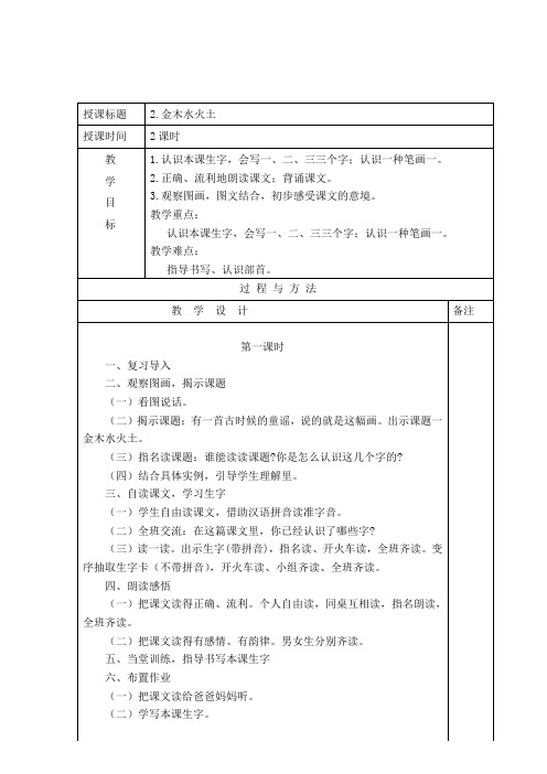 部编一上 语文 教学设计  金木水火土公开课教案  一等奖】   