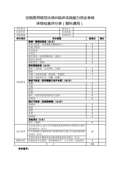 住院医师规范化培训临床实践能力结业考核体格检查评分表(眼科通用)